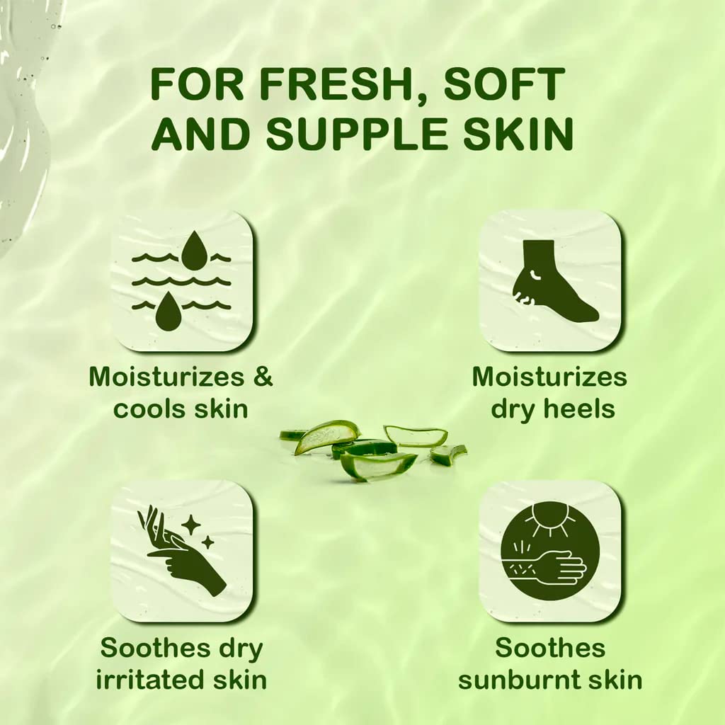 Product packaging with text and icons for skin care benefits on a green background