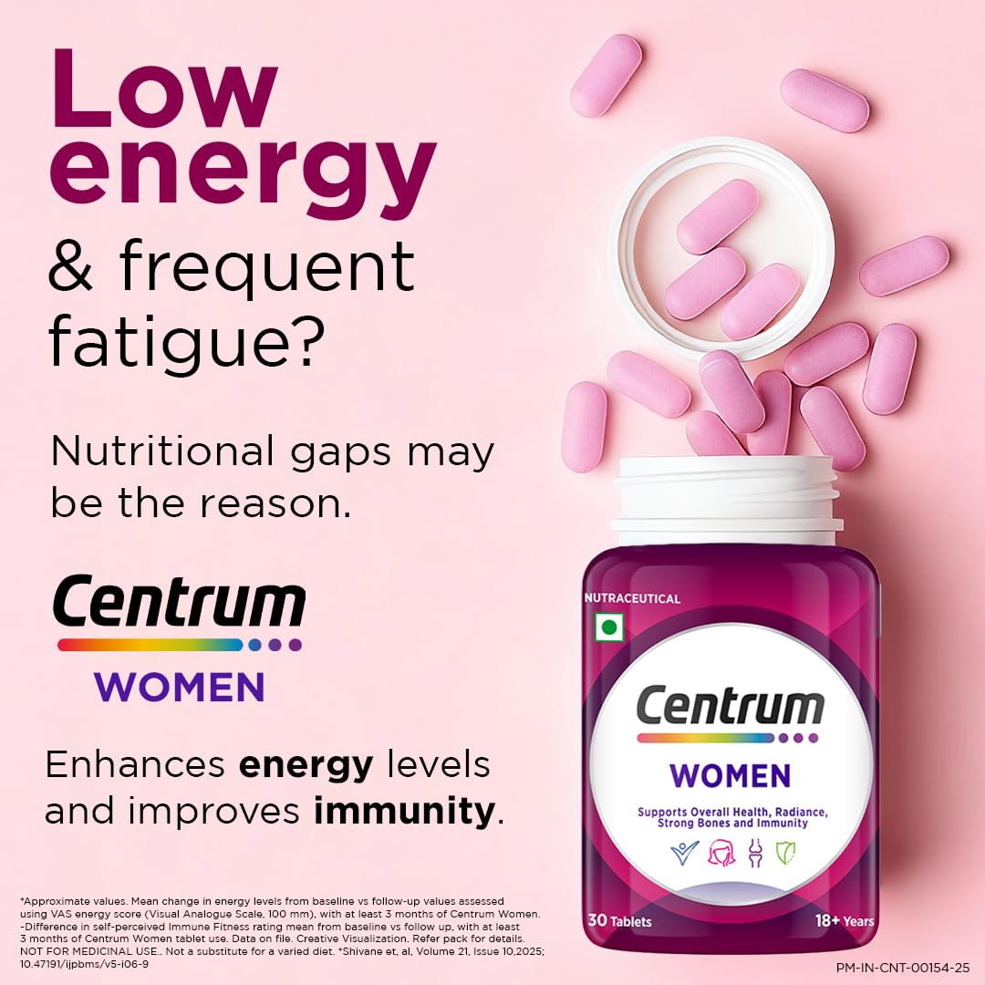 Centrum Women supplement bottle with pink pills on a pink background
