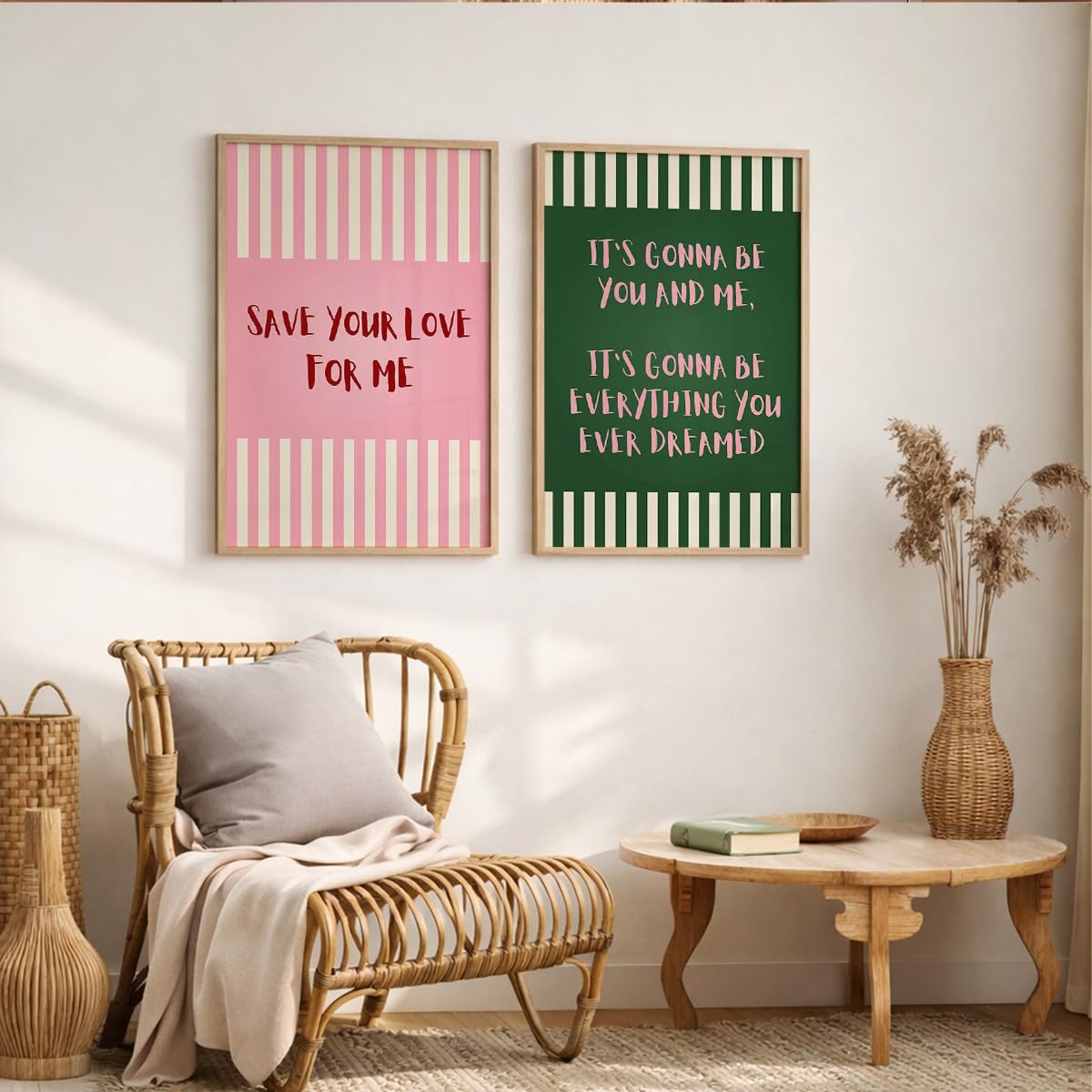 Aesthetic Quote Wall Art Set of 2 Framed Paintings | Pink Green Striped Typography Poster | Couple Bedroom Living Room Home Décor (Art 5, 10x13 Inches)