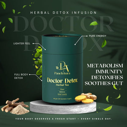 PanchAura Doctor Detox Herbal Tea 60 Cups | Ayurvedic help in Weight Loss, Bloating | Digestion, Gut Health & Immunity | Green Tea, Tulsi, Ginger | Liver Detox & Sleep