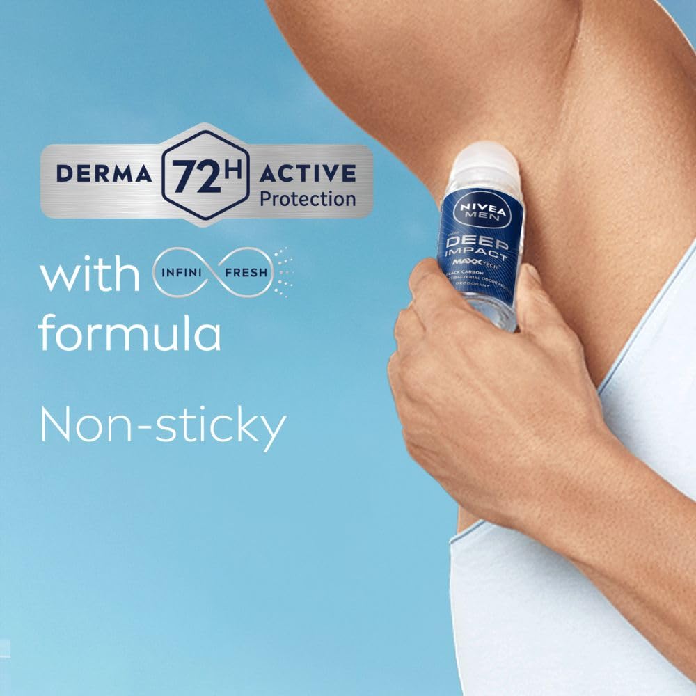 NIVEA MEN Deep Impact Freshness Deodorant Underarm Roll-on | 72 H Long Lasting Freshness | Infused with Black Carbon to fight bacteria and body odour | Woody masculine fragrance | 0% Alcohol | Dermatologically Approved & Paraben Free Formula | 50ml