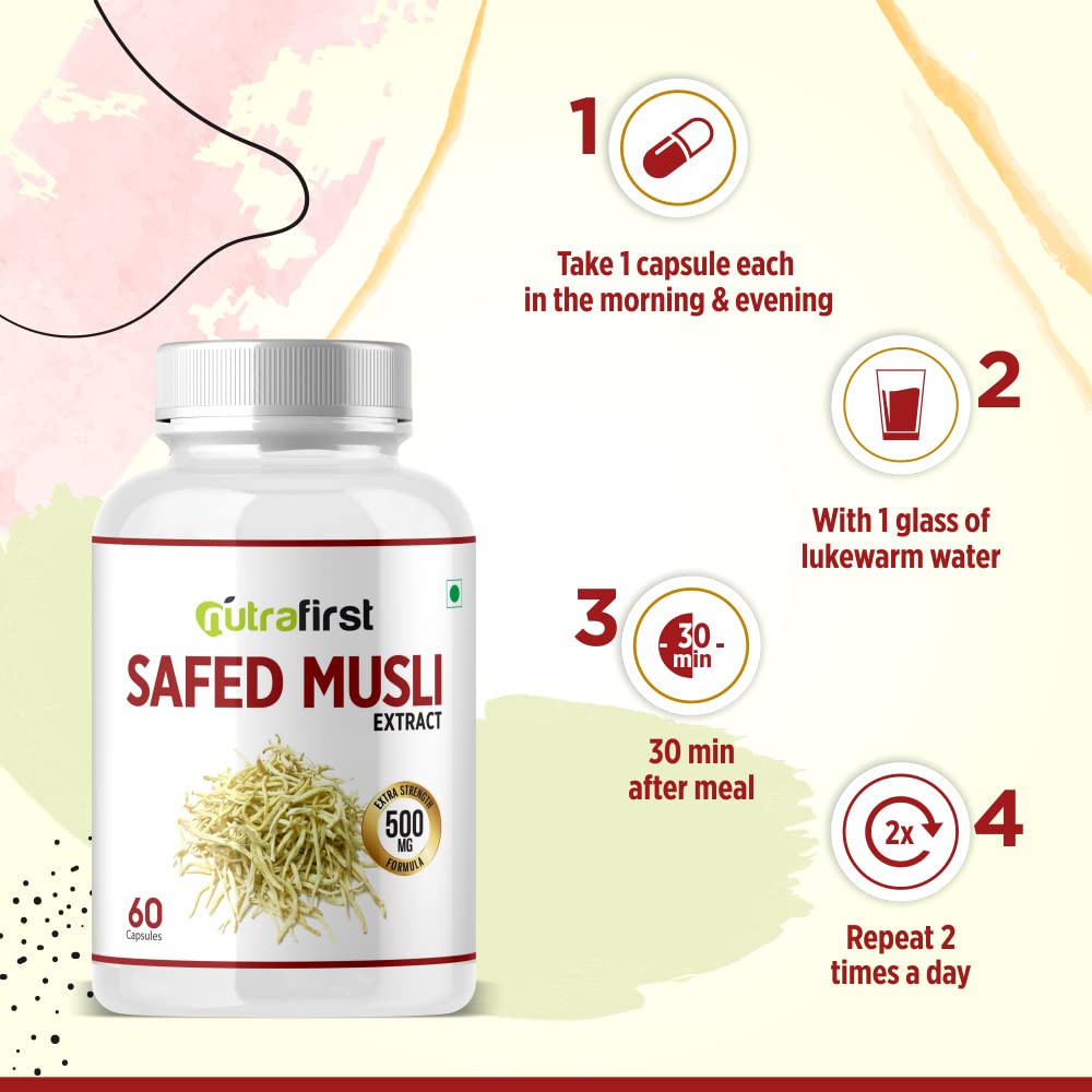 Nutrafirst Safed Musli Extract Capsules (500mg, 60 Caps) | Natural Strength, Stamina & Energy Booster | Supports Muscle Health, Performance, Vitality & Immunity | For Men & Women