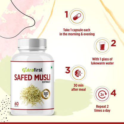 Nutrafirst Safed Musli Extract Capsules (500mg, 60 Caps) | Natural Strength, Stamina & Energy Booster | Supports Muscle Health, Performance, Vitality & Immunity | For Men & Women