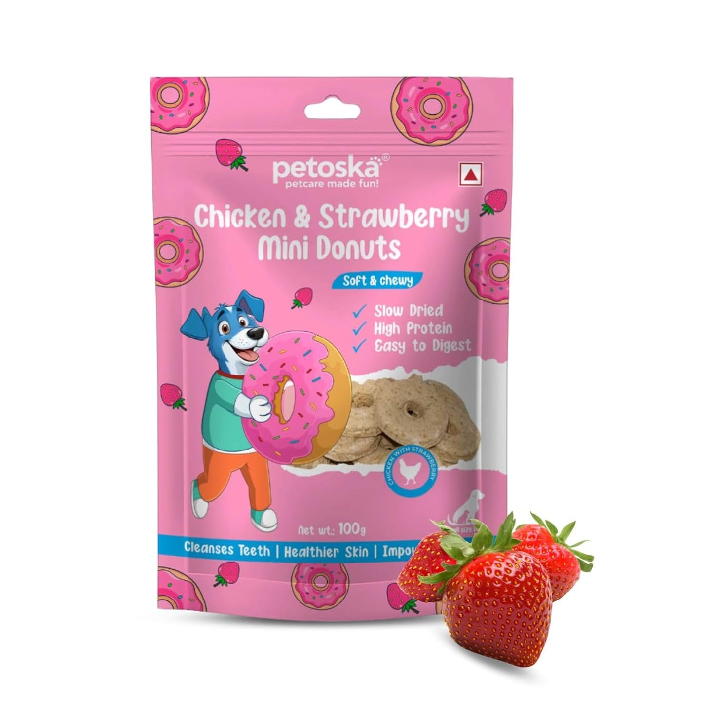 Petoska Chicken & Strawberry Sticks- 100gms | Healthy Dog Treats | Real Chicken & Strawberry | Soft, Chewy & Nutritious | Snacks for Dogs & Puppies