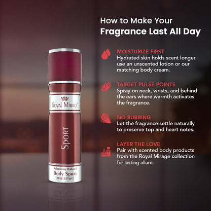 Royal Mirage Sport body spray with tips on how to make fragrance last all day on a dark background