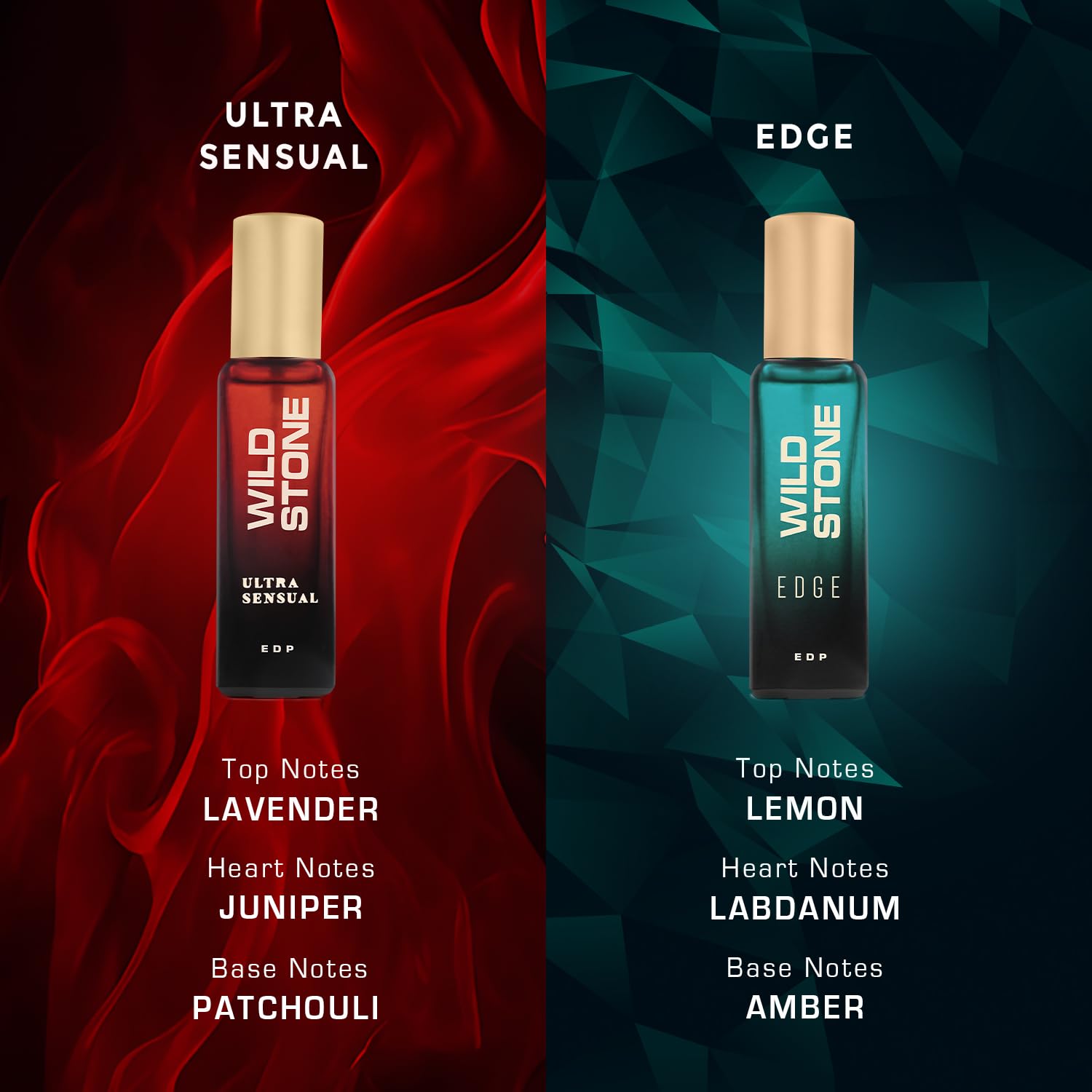 Two Wild Stone perfume bottles, one labeled 'Ultra Sensual' and the other 'Edge', on a red and blue geometric background.
