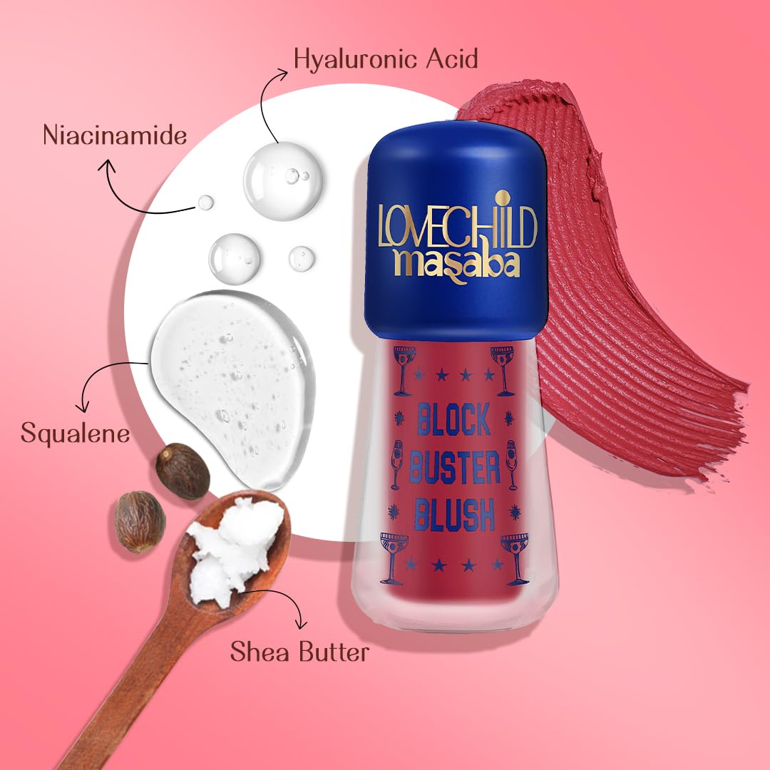 LoveChild Masaba Block Buster Blush Creme - Natural Dewy Matte Finish, Buildable & Long-Lasting Formula, Blendable, Shocking Sharbat (Deep Pink) 5.5ml
