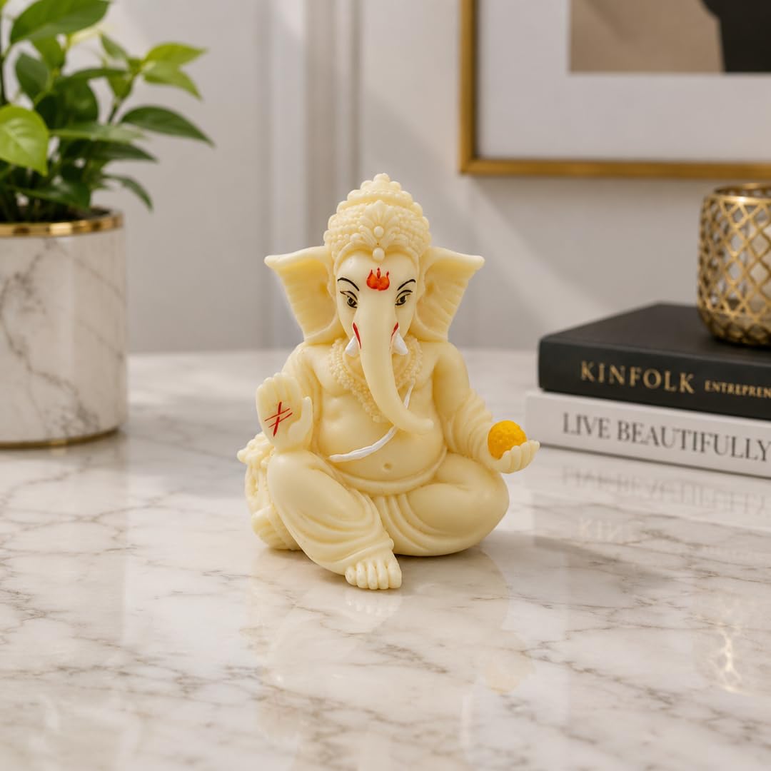 Gold Art India Ivory Finish Gaddi Ganesh Idol for Car Dashboard Small Ganesha Murti Ganpati Idol for Home Decor Puja Lord Ganesh Statue Gift for Office Desk Puja Room Figurine