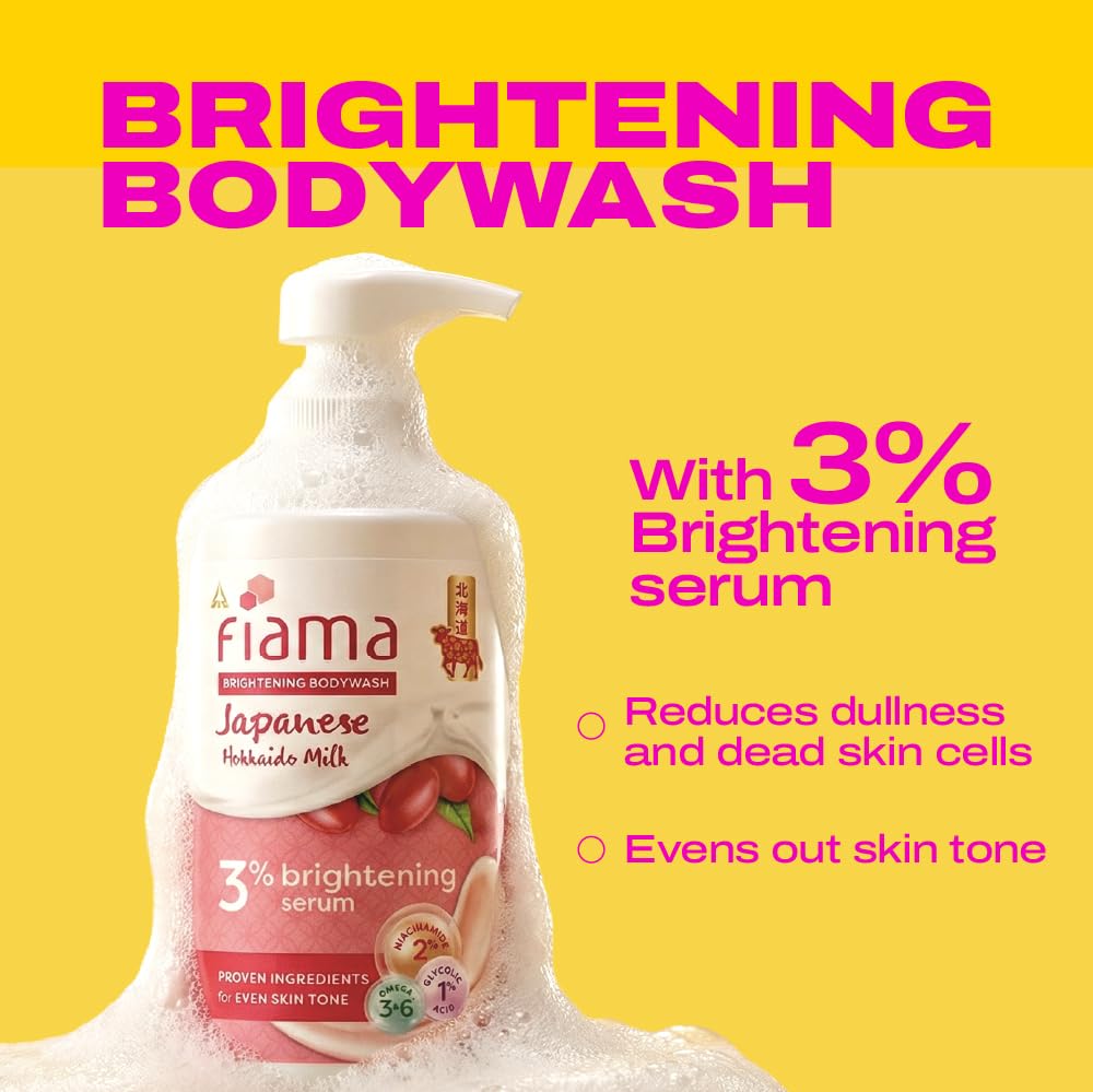 Fiama 3% Brightening Serum Body Wash 250ml | 2% Niacinamide, 1% Glycolic Acid, Omega 3 & 6 Fatty Acids Shower Gel, Fights Dullness & Evens Skin tone | Exotic Japanese Hokkaido Milk, Raspberry Smoothie Fragrance