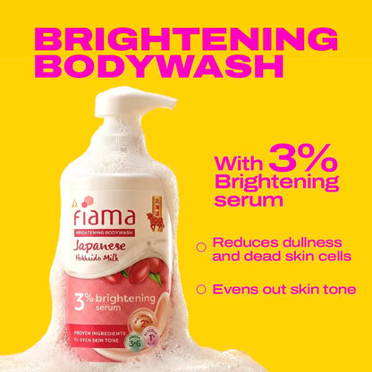 Fiama 3% Brightening Serum Body Wash 250ml | 2% Niacinamide, 1% Glycolic Acid, Omega 3 & 6 Fatty Acids Shower Gel, Fights Dullness & Evens Skin tone | Exotic Japanese Hokkaido Milk, Raspberry Smoothie Fragrance