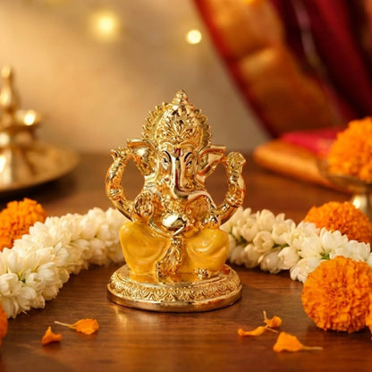 Gold Plated Ganesh Idol | Ganpati Murti for Car Dashboard, Office Desk, Hindu God Gift & Home Decor - Resin (Gold & Yellow)