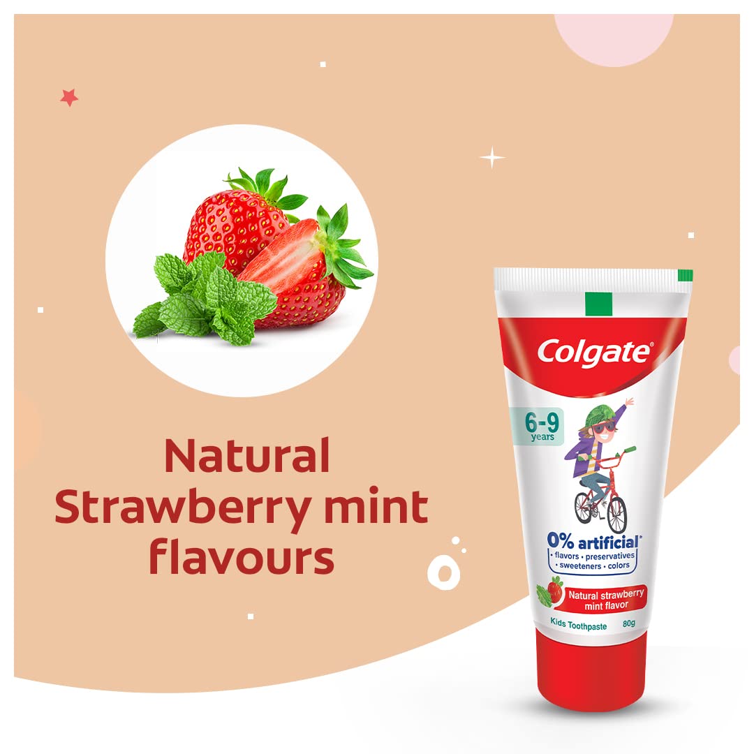 Colgate Kids Toothpaste with 0% Artificial Preservatives, Colours, Sweeteners for Whitening (6-9 Years, Natural Strawberry Mint Flavour - 80g Tube)