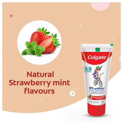 Colgate Kids Toothpaste with 0% Artificial Preservatives, Colours, Sweeteners for Whitening (6-9 Years, Natural Strawberry Mint Flavour - 80g Tube)