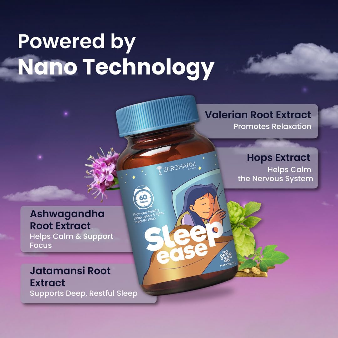 ZEROHARM Sleep Ease | No Melatonin | With Valerian, Ashwagandha, Jatamansi & Hops | Plant-Based Sleep Support | Non-Habit Forming | Promotes Deep Restful Sleep & Relaxation for Men, Women | 60 Tablets