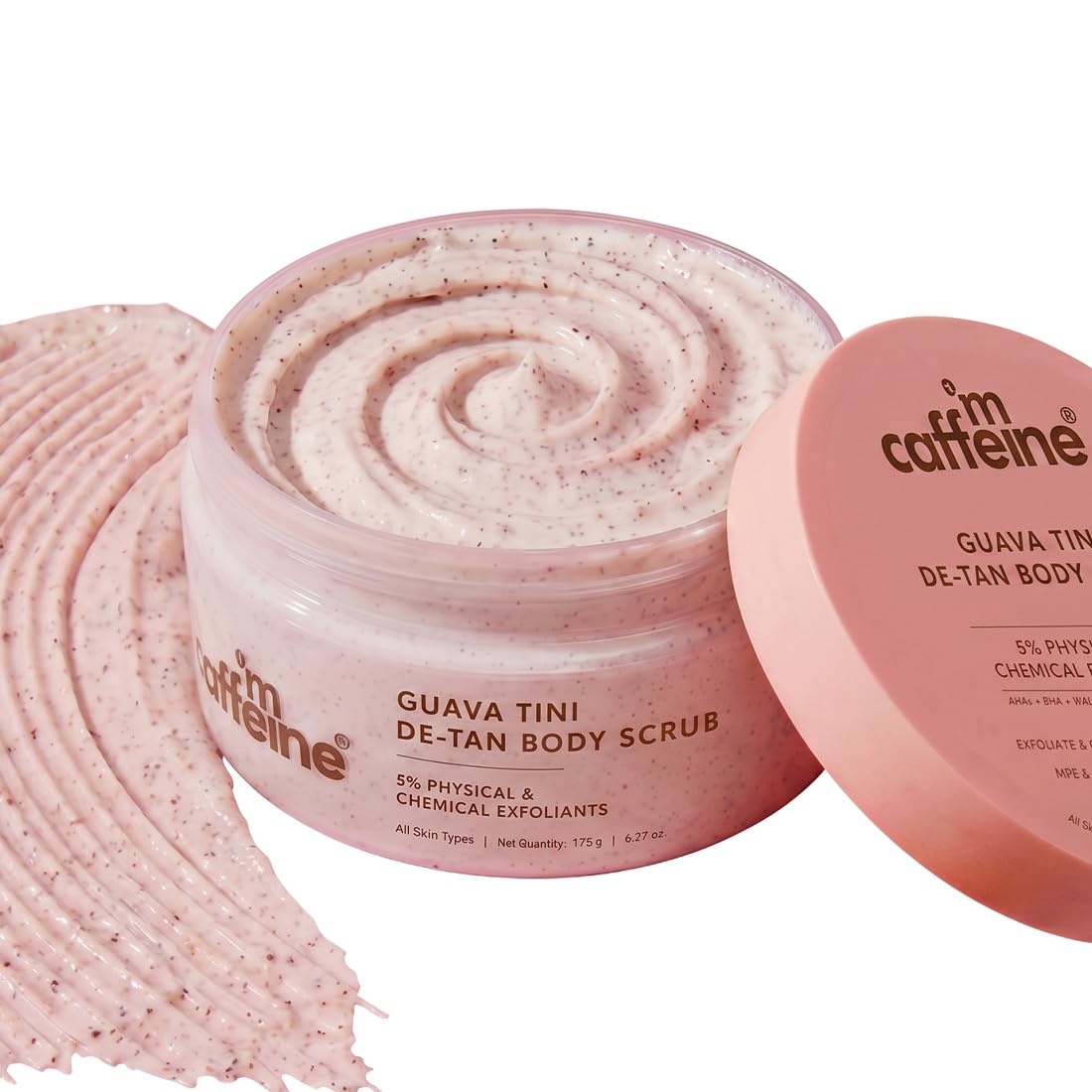mCaffeine Dual Action Guava De-Tan Body Scrub with 5% Natural & Chemical Exfoliants | Glycolic, Lactic & Salicylic Acid | Reduces Tan & Brightens Skin | Fruity, Guava Fragrance - 175g