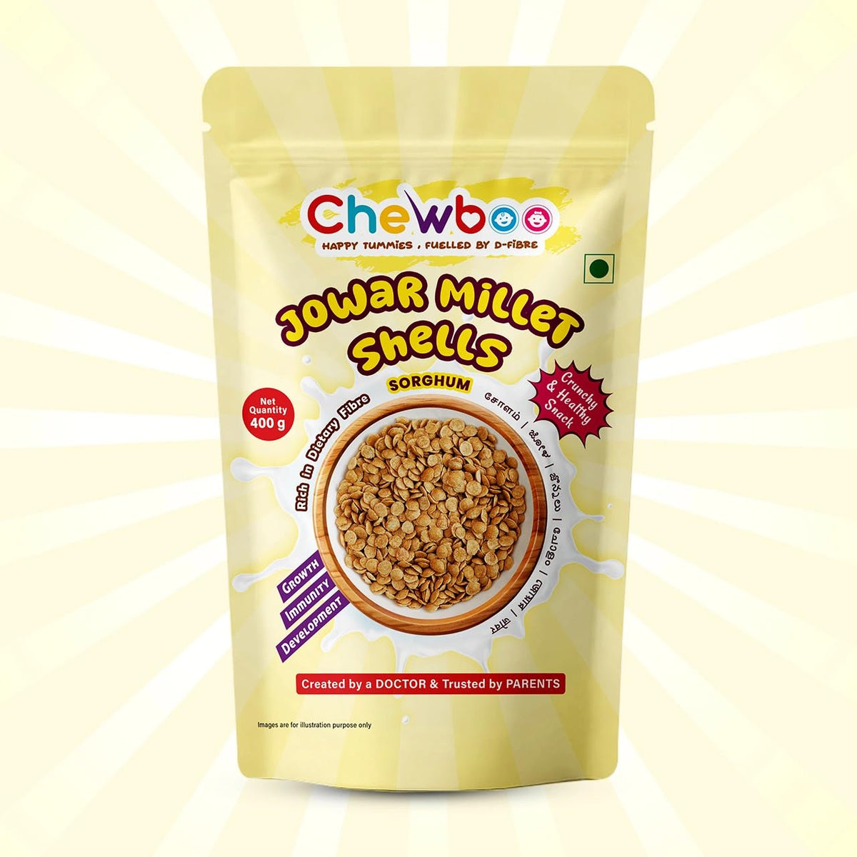 Chewboo Jowar Millet Shells for Kids | Light & Gut-Friendly Fibre Cereal | 72% Jowar & Jaggery | No Refined Sugar | Crunchy Healthy Snack | 400g