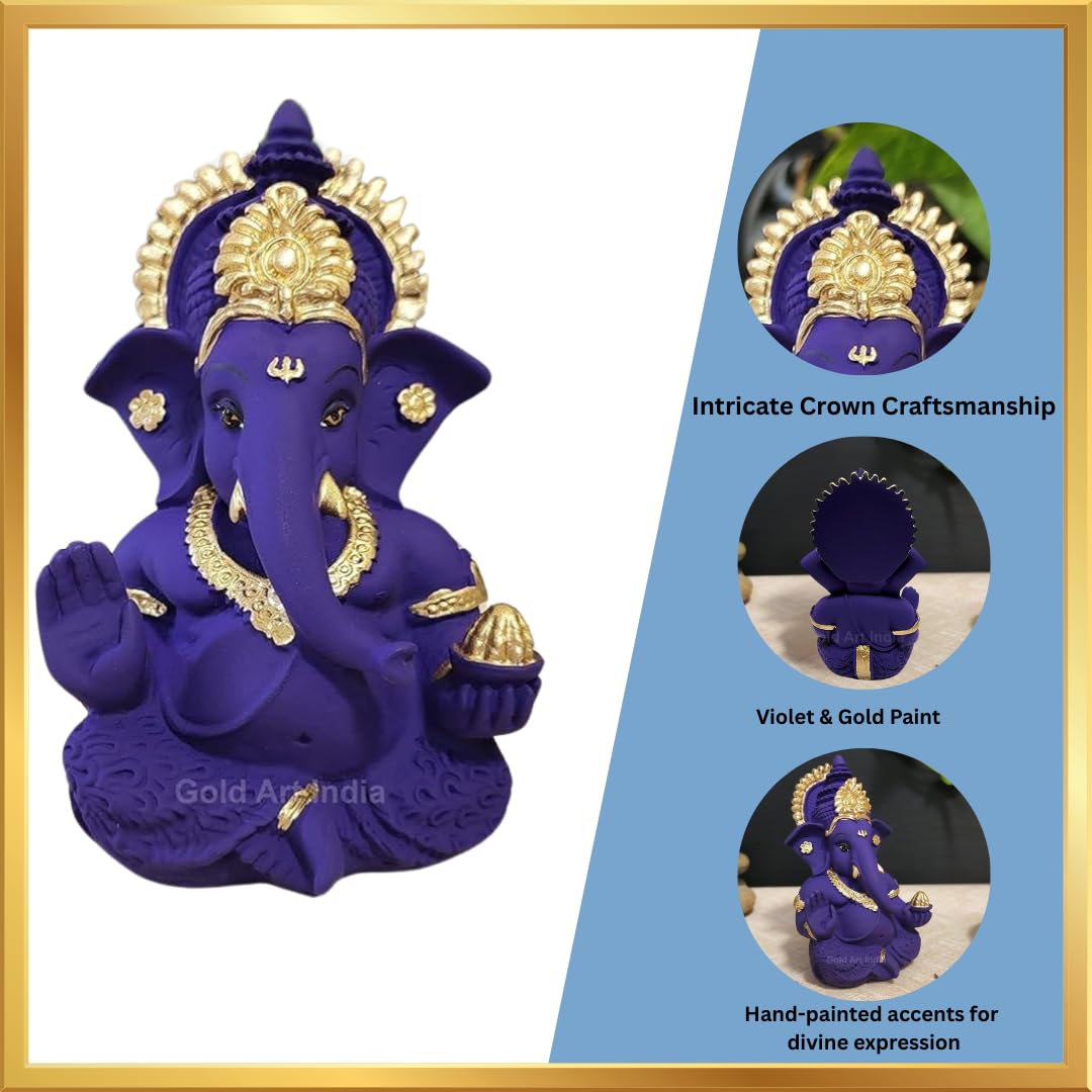 Gold Art India Beautiful Terracotta Ganesha in Violet - A Festive and Auspicious Addition to Your Home or Car(MukutVioletTerra)