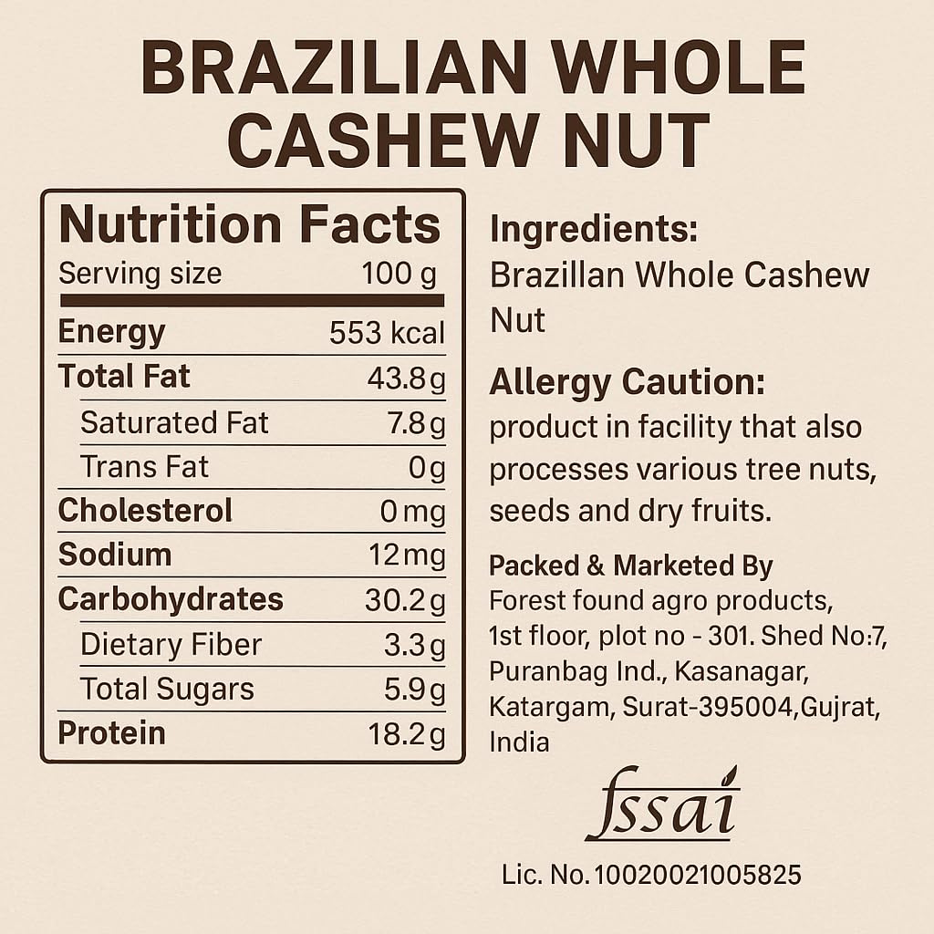 Forest Found 900g Brazilian Jumbo Cashews - Extra Large Whole Kaju - Bigger Than W320 Premium Grade - 100% Natural & Fresh Healthy Dry Fruit