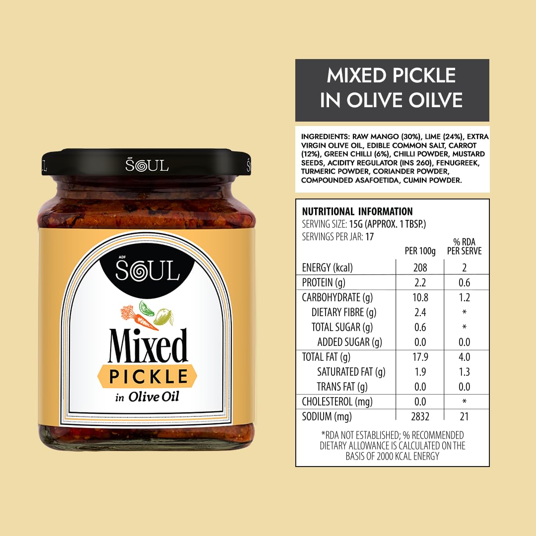 ADF Soul Mixed Pickle | Spicy, tangy & textured | A flavour-packed mix of veggies in 100% Olive Oil. | 275 g