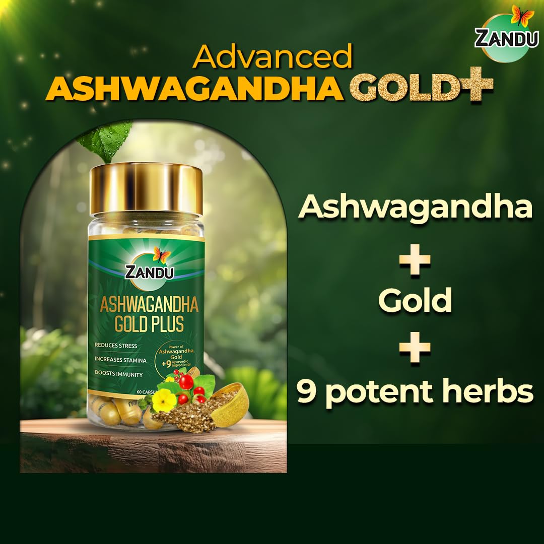 Zandu Ashwagandha Gold Plus Capsules | Upgrade your Ashwagandha with the goodness of Gold | Reduces Stress, Boosts Immunity & Stamina | 60 capsules I 11 Potent ingredients such as Gokshura, Safed Musali and more