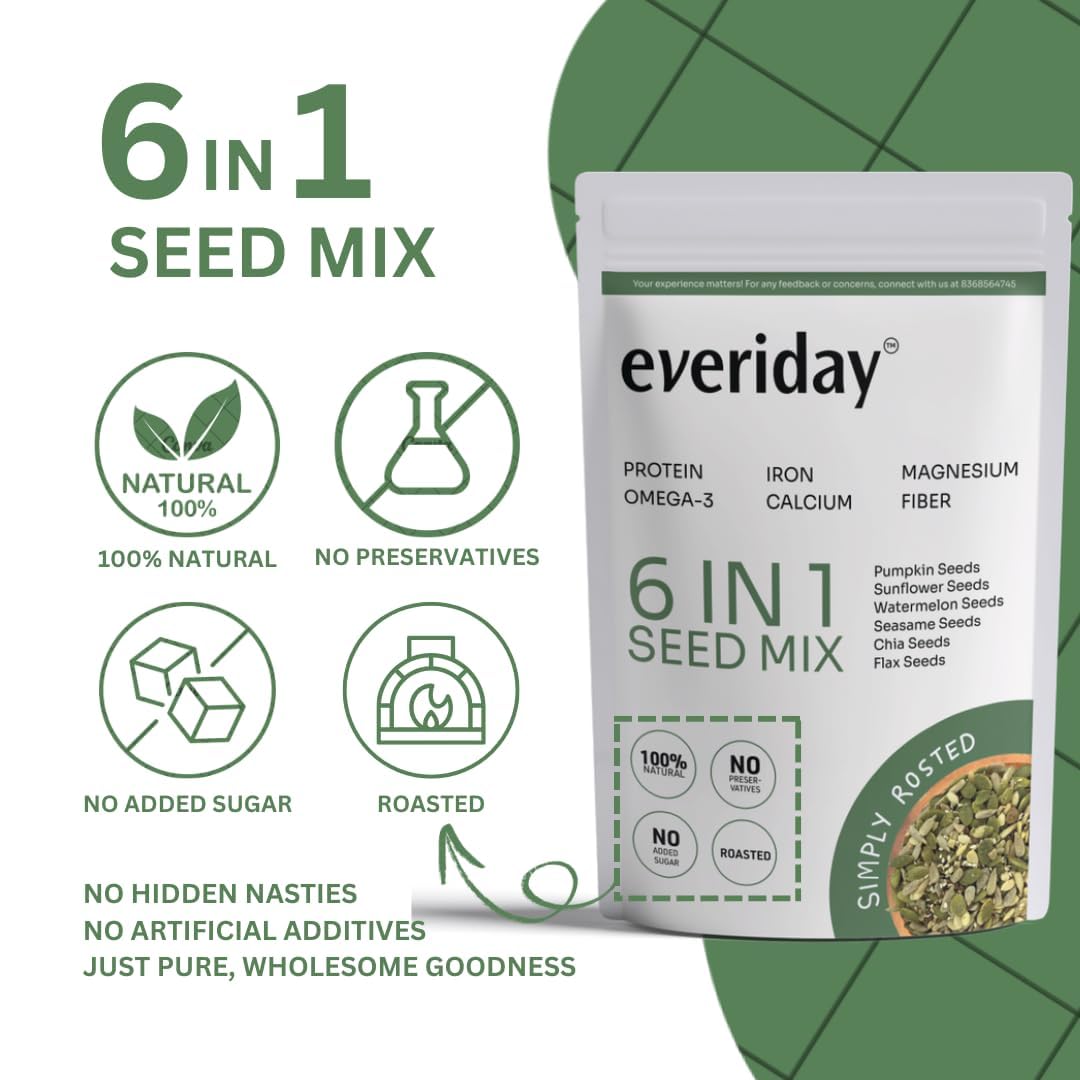 Everiday Simply Roasted 6-in-1 Super Seed Mix | 250g | Pumpkin, Sunflower, Watermelon, Sesame, Chia & Flax | Healthy Crunchy Snack for Daily Nutrition | High Protein, Fibre & Omega-3 | Vegan & Gluten-Free