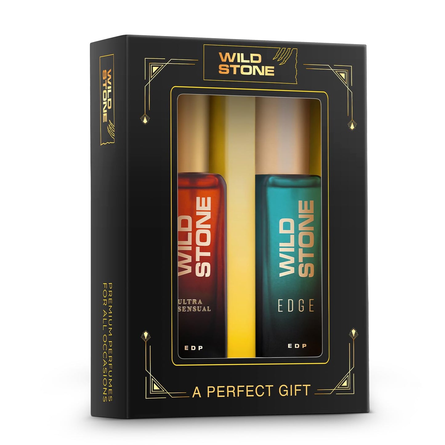 Wild Stone perfume set packaging with two bottles inside a black box on a white background