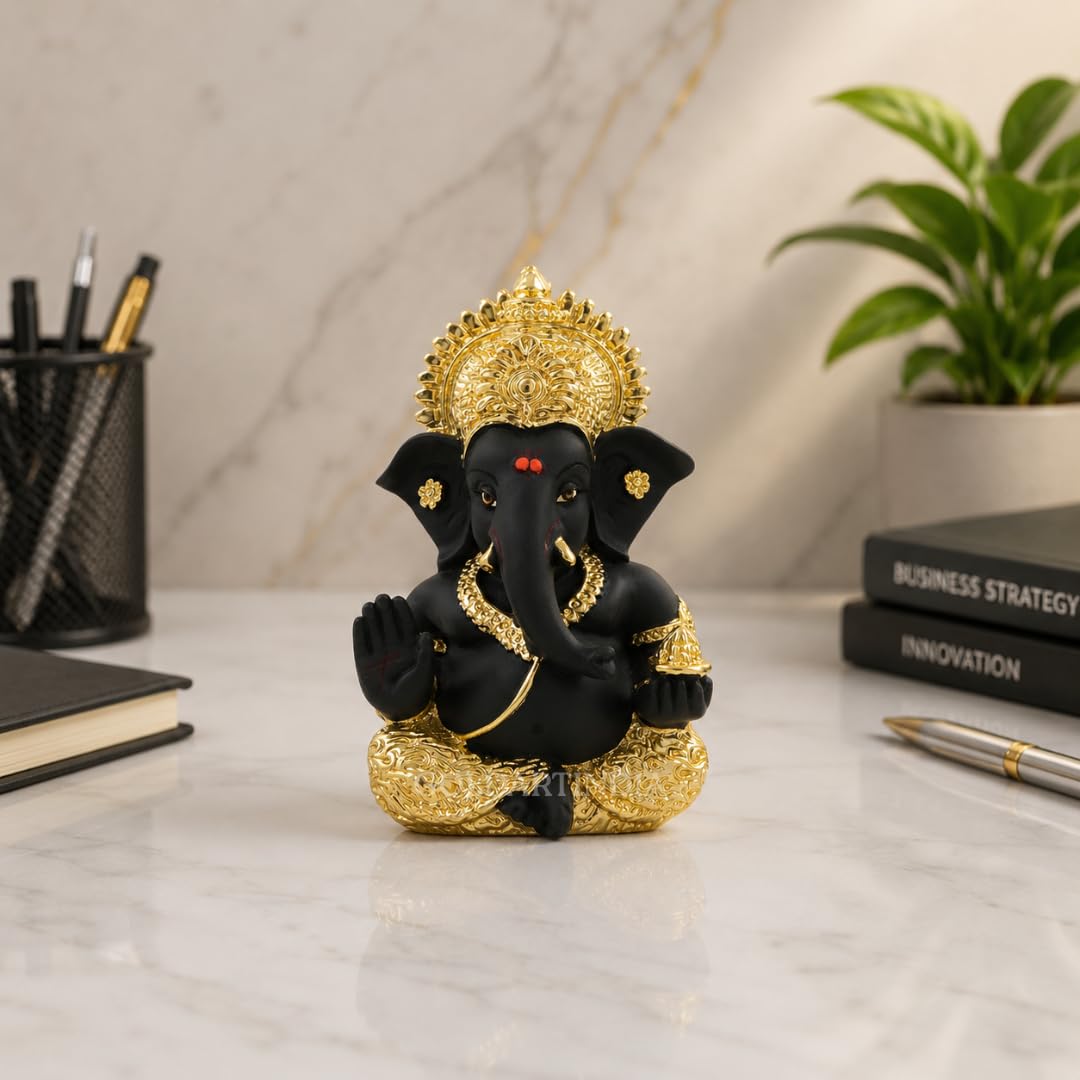 Gold Art India Gold And Kaai Green Ganesh Idol For Car Dashboard Small Ganesha Murti Ganpati Idol For Home Decor Puja Lord Ganesh Statue Gift For Office Desk Puja Room Figurine