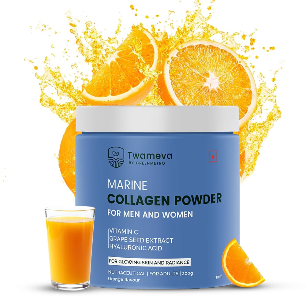 TWAMEVA Collagen Peptides Supplement for Skin, Hair, Nails | Vitamin C, E and Grape Seed Extract| For Healthy Skin,Hair | Marine Collagen Powder for Women & Men | Orange Flavour | 200g