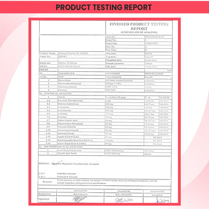 Product testing report with a pink border on a white background