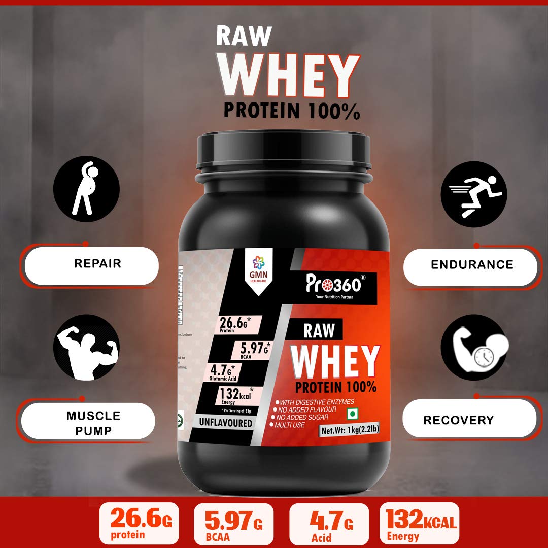 Pro360 Raw Whey Protein 100% Whey with Digestive Enzymes, 26.6g Protein, 5.97g BCAA, 4.7g Glutamic Acid per Serving) - No Added Sugar, No Fillers - Unflavored (1kg pack)
