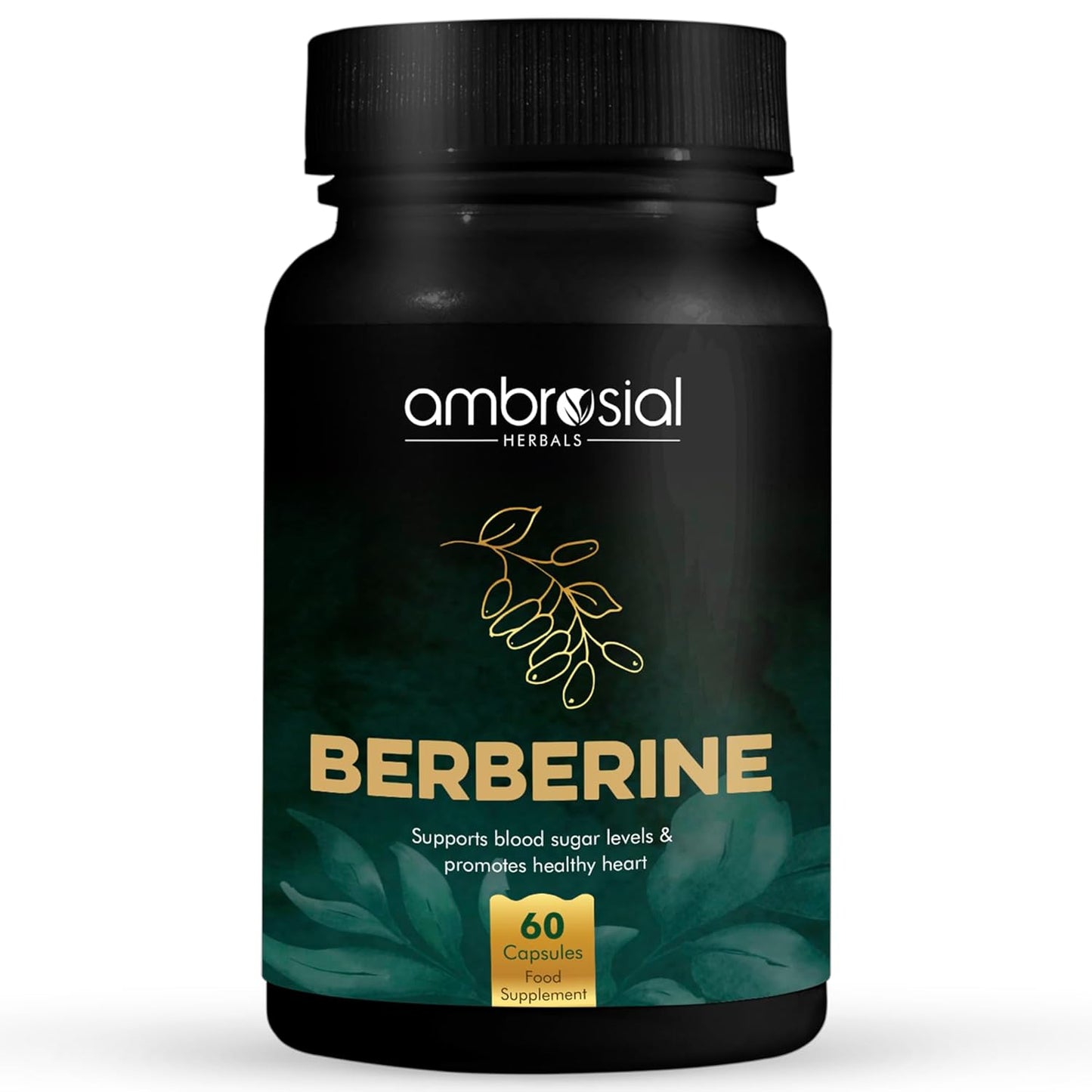 Black bottle of ambrosial Berberine supplement with green leaves on a white background