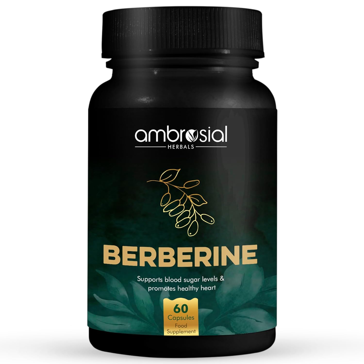 Black bottle of ambrosial Berberine supplement with green leaves on a white background