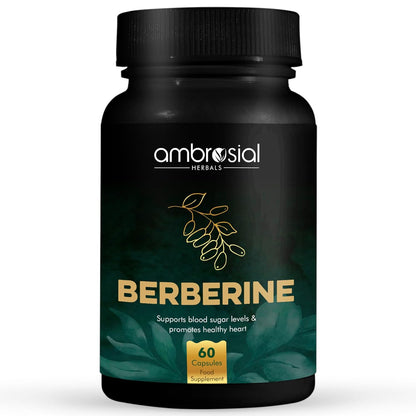 Black bottle of ambrosial Berberine supplement with green leaves on a white background