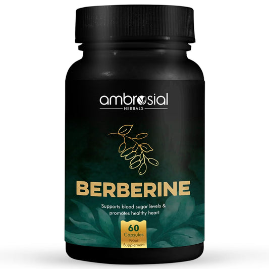 Black bottle of ambrosial Berberine supplement with green leaves on a white background