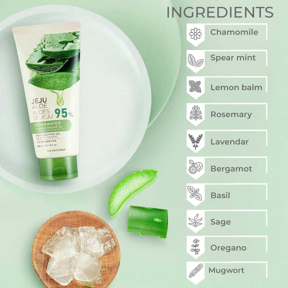 Aloe vera product with a list of ingredients on a light green background