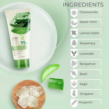 Aloe vera product with a list of ingredients on a light green background