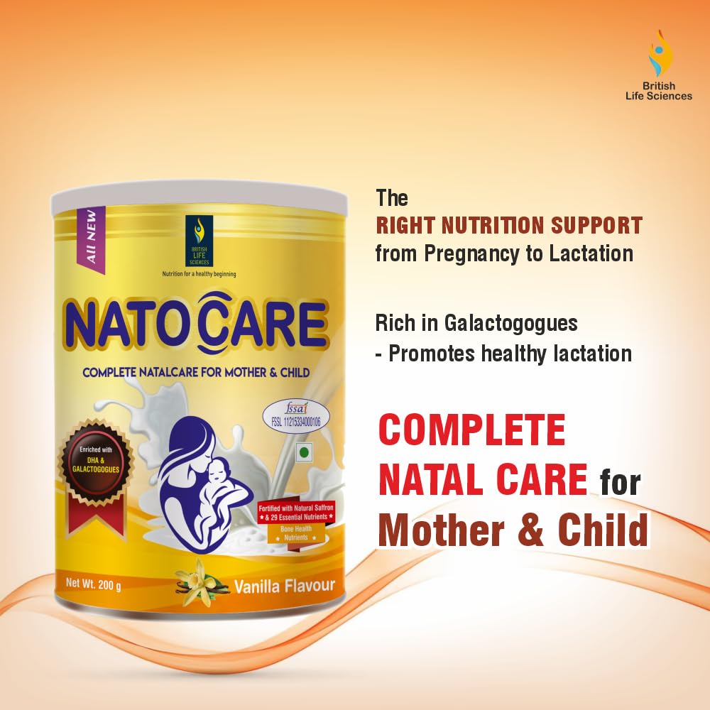 NatoCare product container with promotional text on an orange background