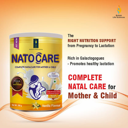 NatoCare product container with promotional text on an orange background