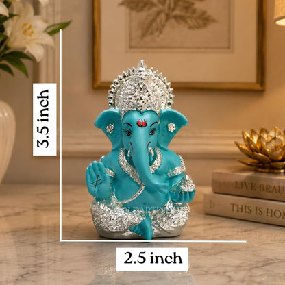 Gold Art India 999 Silver Plated Ganesh Idol for Car Dashboard God Ganesha Idol for Home Decor Ganpati for Gift 3.5 inches (Silver) (Silver Fountain Blue)