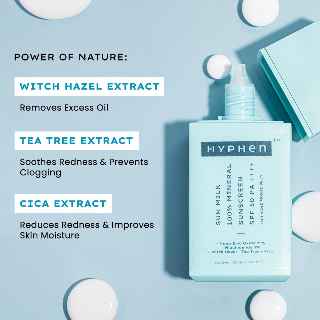 Hyphen sunscreen bottle with extract information on a light blue background