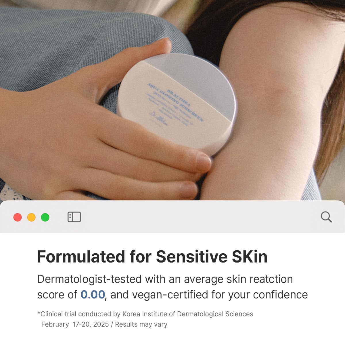 Person holding a round container with text about sensitive skin formulation.