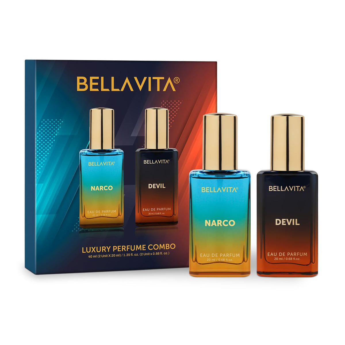 BellaVita luxury perfume combo with two bottles and a box on a white background