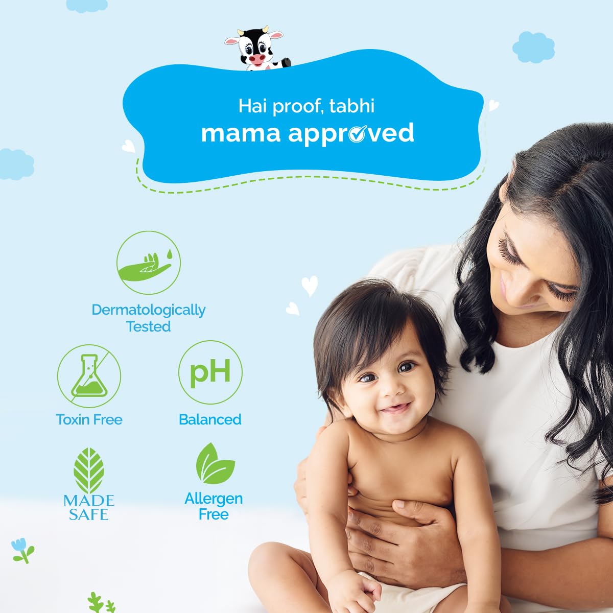 Woman holding a child with product features listed on a blue background