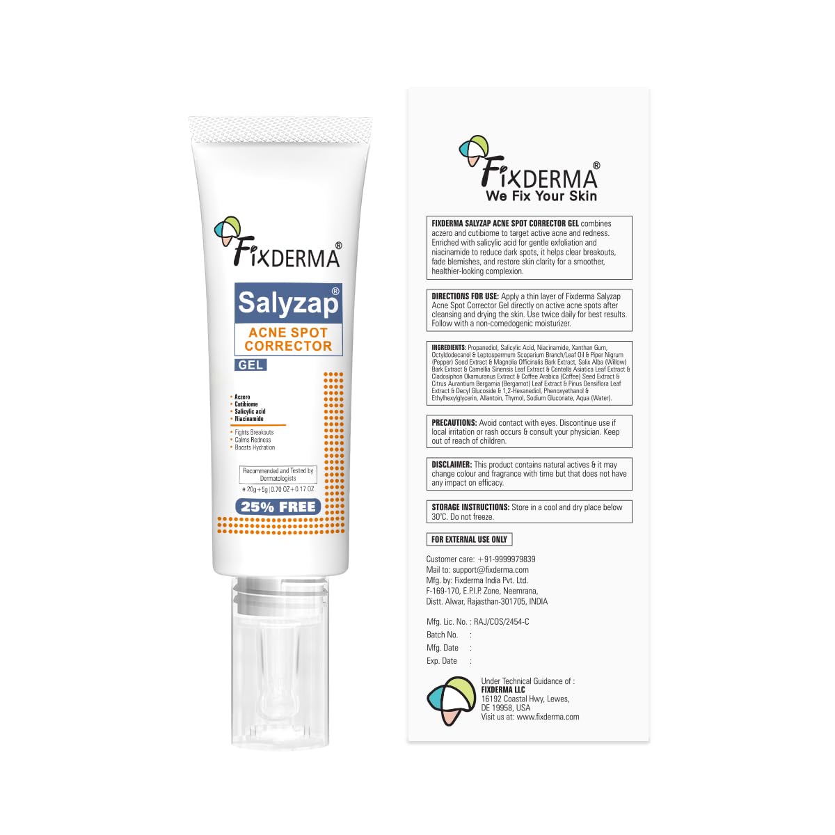 Fixderma Salyzap 2% Salicylic Acid Acne Spot Corrector Gel with 2% Niacinamide Acid & 1% Aczero | Reduce Active Acne & Redness | Fades Dark Spots & Blemishes | Pimple Remover For Men & Women - 20g