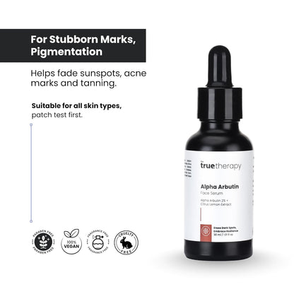 The True Therapy 2% Alpha Arbutin Serum - Helps Reduce Pigmentation, Dark Spots, Blemishes, Acne Marks & Tanning - Citrus Limon Extract - 30 ml