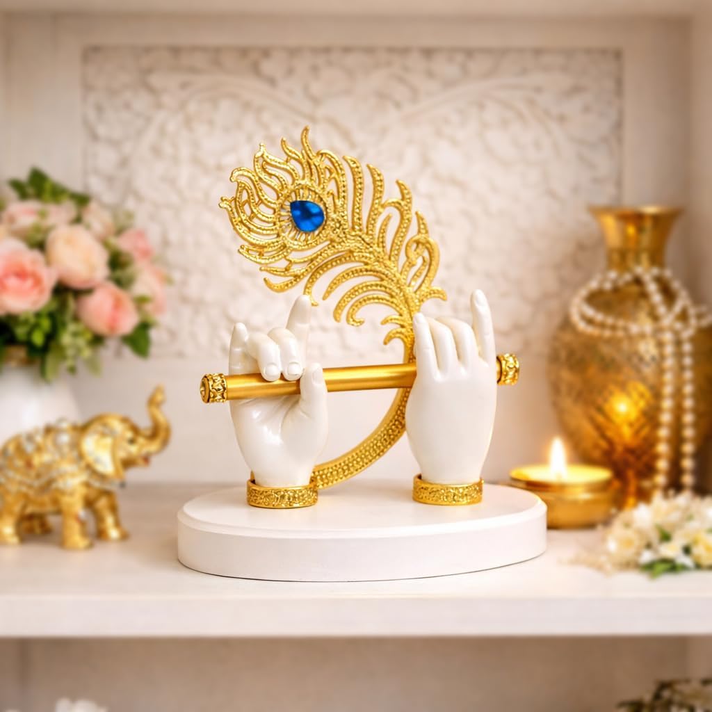 Goldplated Krishna Hand with Flute Idol Peacock Feather Mor Pankh Showpiece,Housewarming Gift, Birthday Wedding Anniversary Janmashtami Gift,Home Decor Decoration Items for Living Room