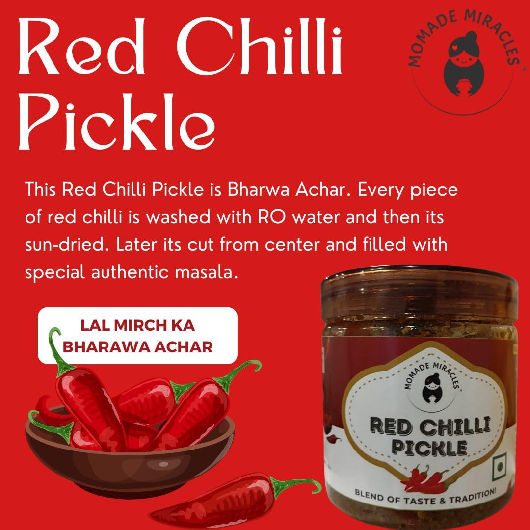 Momade Miracles Red Chilli Pickle in Fresh Mustard Oil | Homemade Bharwa Lal Mirch Achar | Spicy & Tangy Stuffed Red Chili Pickle | Traditional Indian Recipe | Authentic Flavor with Less Oil | 400g