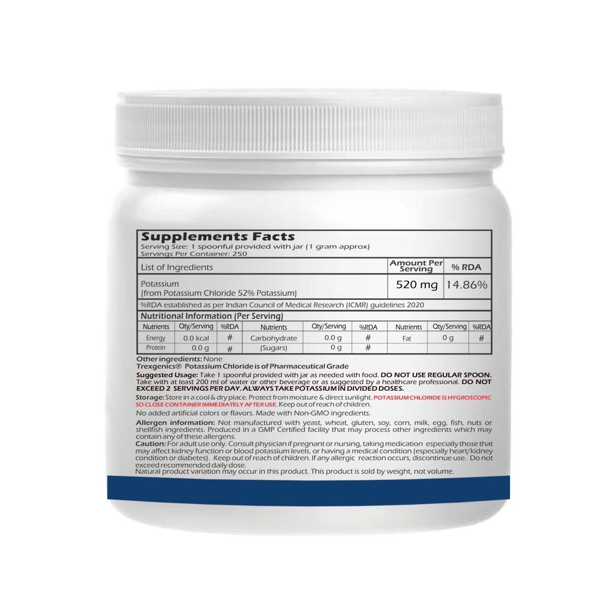 Trexgenics POTASSIUM CHLORIDE POWDER (250 gram / 8.81 Oz) KCL Essential Mineral (Pack of 1)