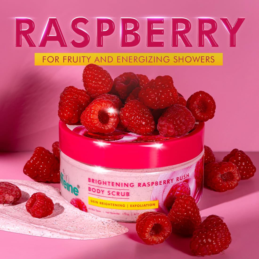 Body scrub with raspberries on a pink background