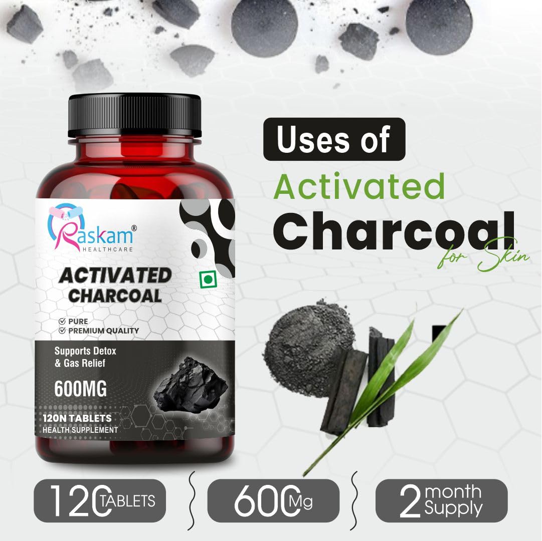 Activated Charcoal 600mg – Natural Detox & Digestive Cleanser | Supports Bloating Relief & Gas | 120 Vegan Tablets